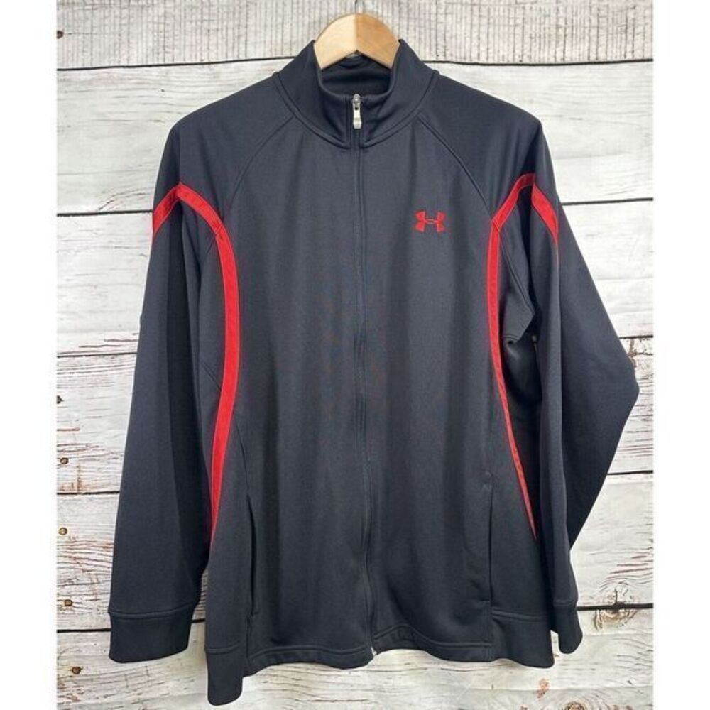 Under Armour Men's Large Loose‎ Fit Full Zip Jacket Black Red Pockets Activewear